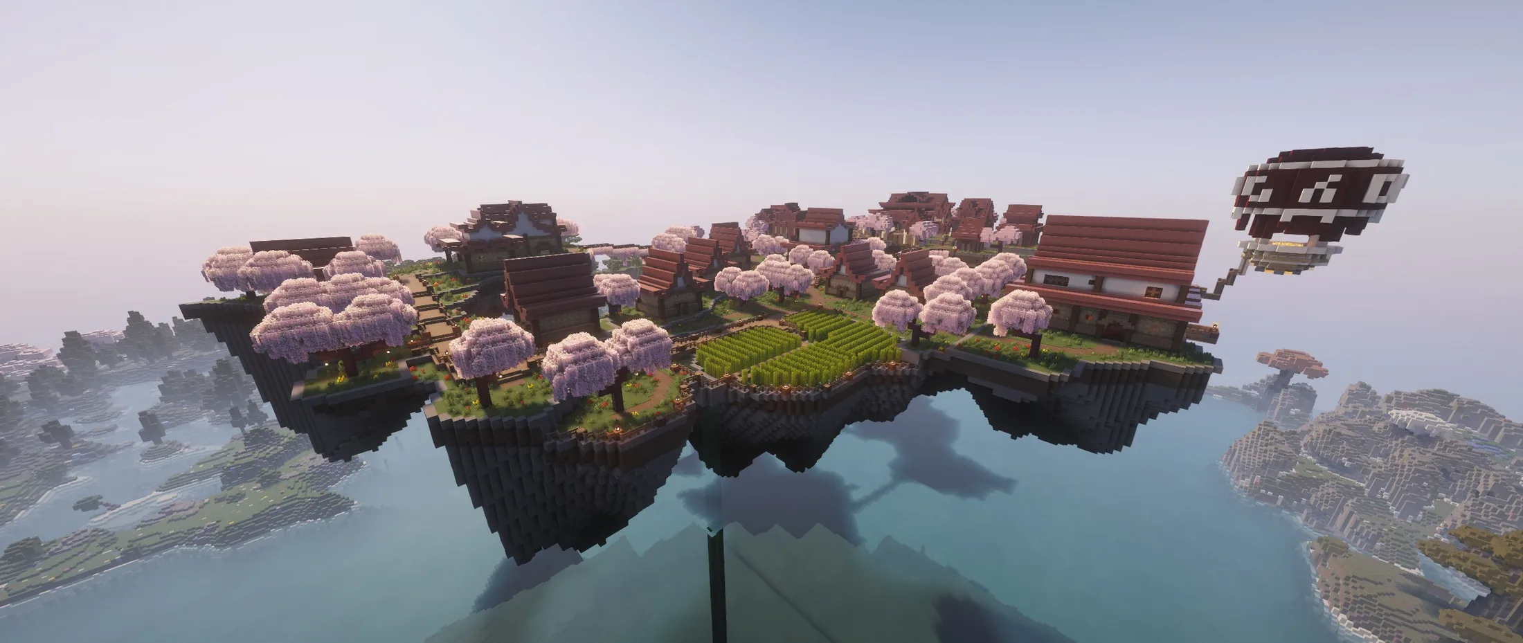 A cherry village spanning floating terrain